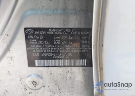 2020 Hyundai Elantra Sel z USA, uszkodzony, nr VIN 5NPD84LF1LH598205